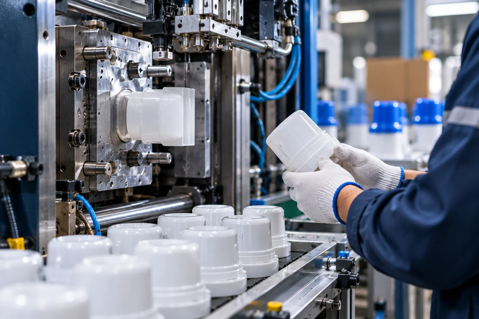 Plastik enjeksiyon üretiminde damacana pompası bileşenlerinin kontrolünü gösteren temsili görsel.